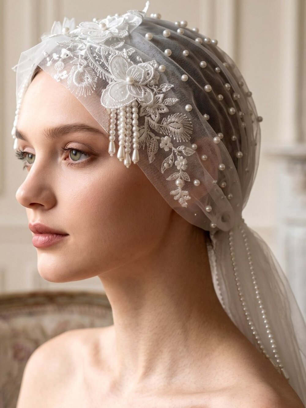 Boho Lace Flower Headpiece Bridal Hood Wedding Veil 90x110cm